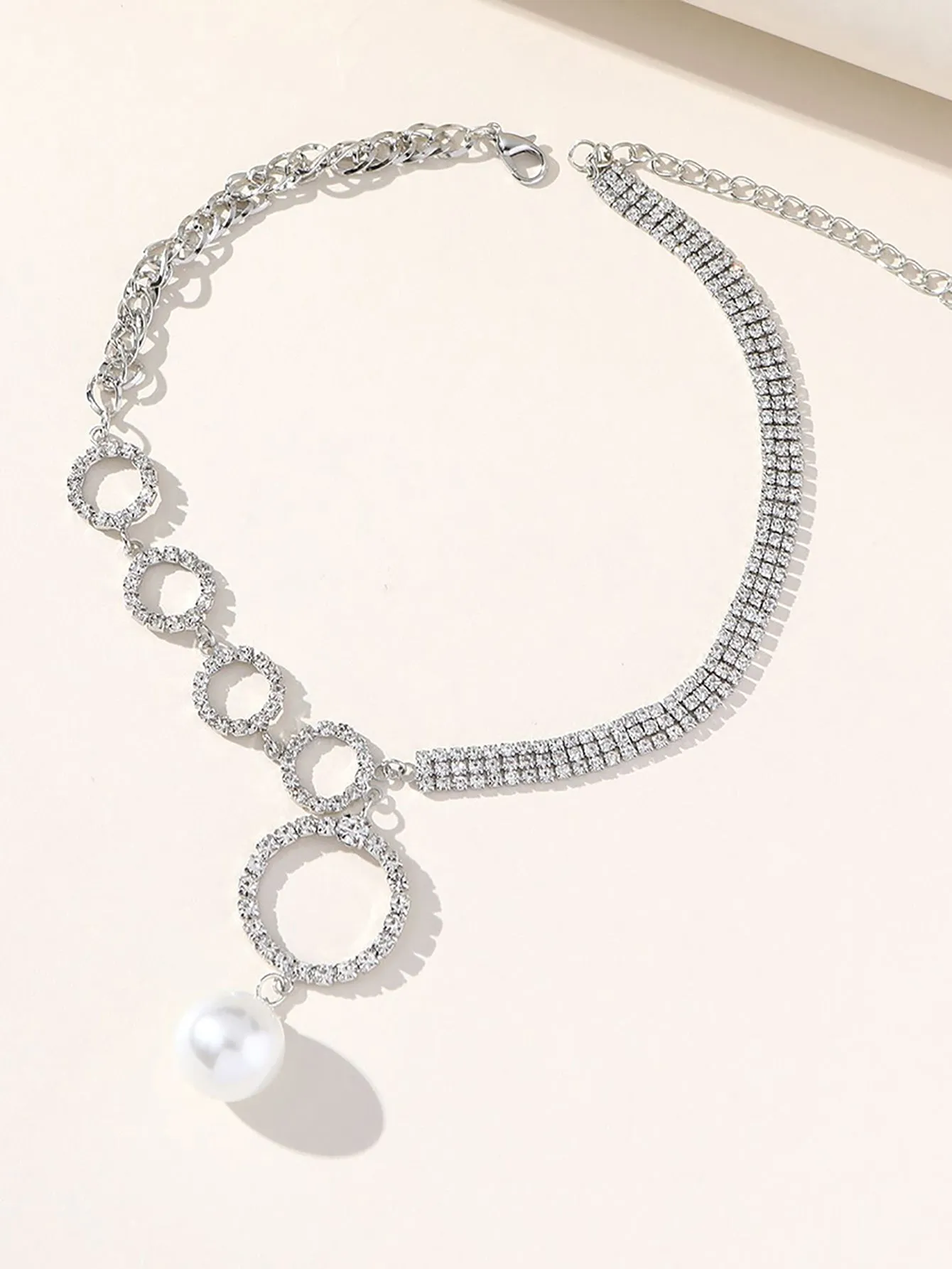 Silver Simple Rhinestones Pearl Asymmetrical Necklace sold by KissProm