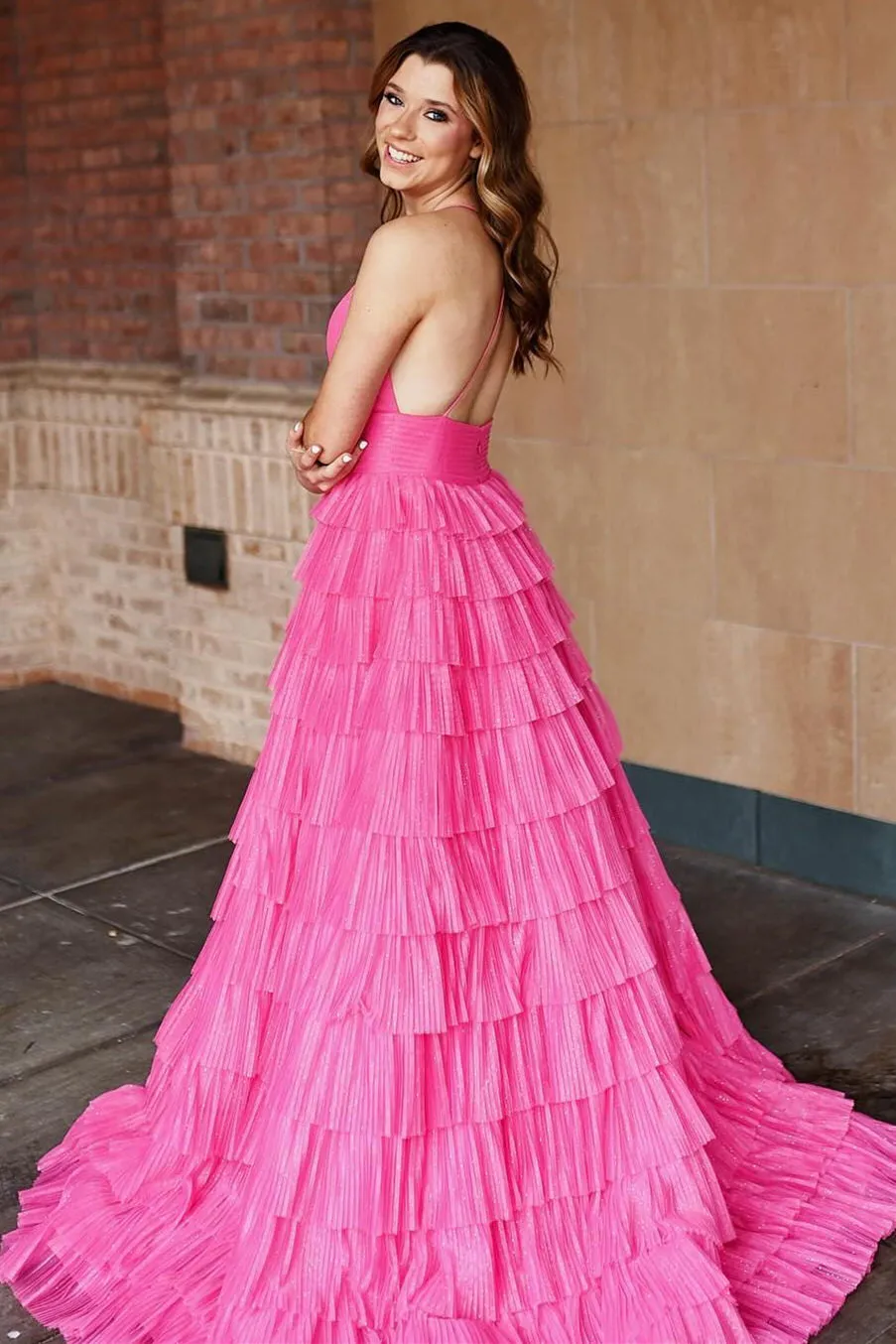 Zhuri | Pleated Magenta Straps Ruffle Layered Formal Dress sold by KissProm product image thumbnail 2
