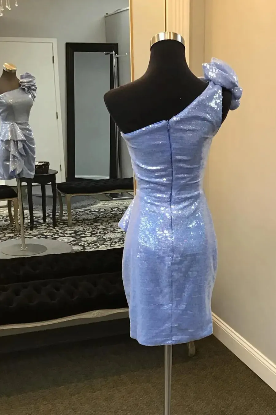 Sparkly Blue One Shoulder Sequins Bodycon Short Homecoming Dress with Ruffles sold by KissProm product image thumbnail 2