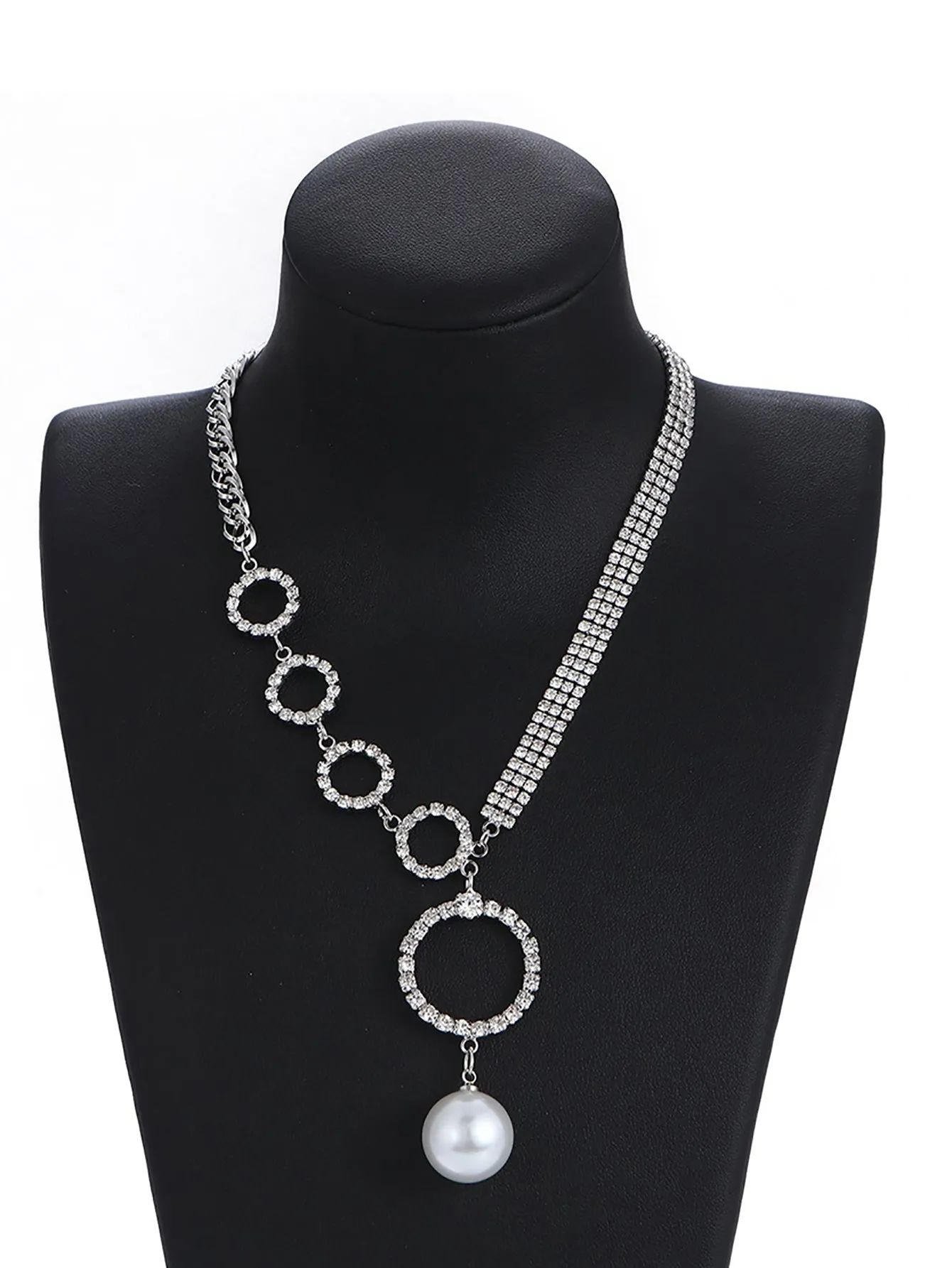 Silver Simple Rhinestones Pearl Asymmetrical Necklace sold by KissProm product image thumbnail 5