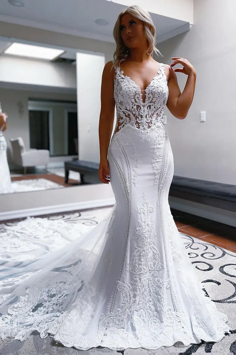 Mermaid V Neck Satin Lace Wedding Dresses sold by KissProm