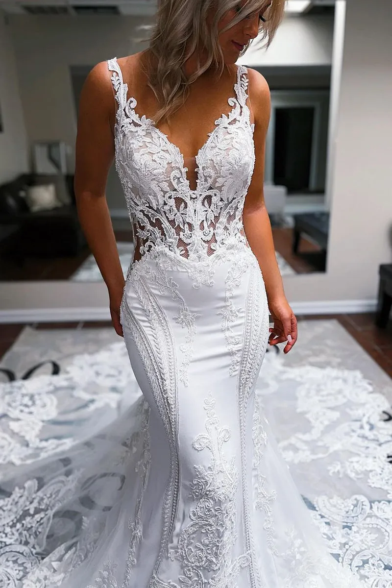 Mermaid V Neck Satin Lace Wedding Dresses sold by KissProm product image thumbnail 2