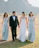 Simple A Line  Chiffon V Neck Blue Sleeveless Long Bridesmaid Dresses sold by KissProm