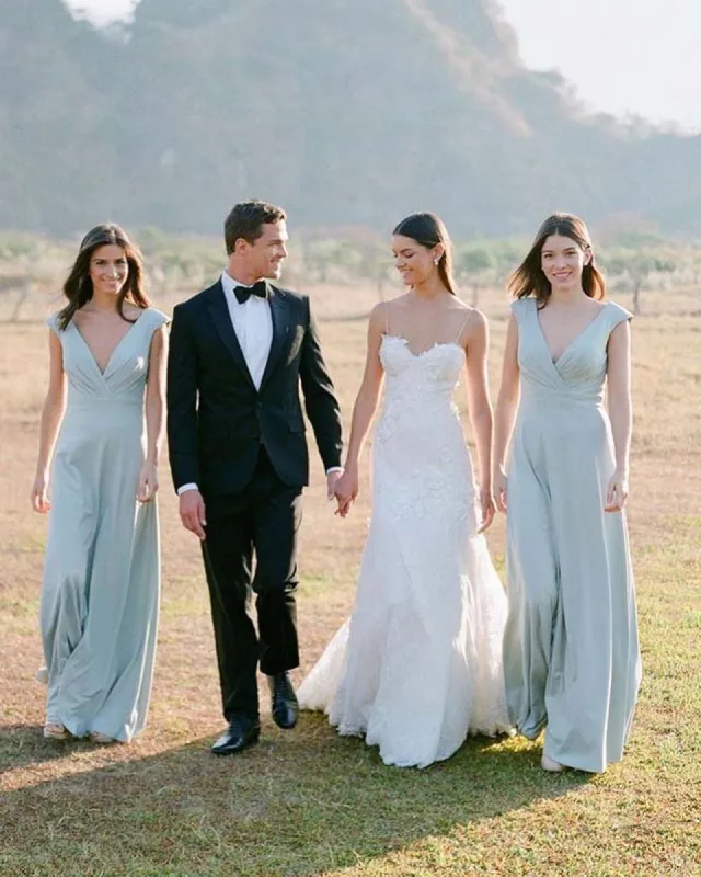 Simple A Line  Chiffon V Neck Blue Sleeveless Long Bridesmaid Dresses sold by KissProm