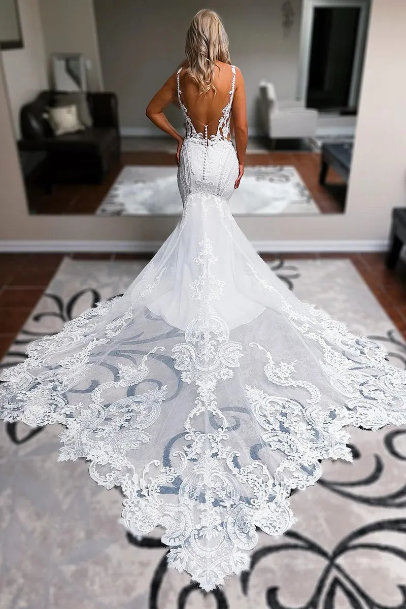 Mermaid V Neck Satin Lace Wedding Dresses sold by KissProm product image thumbnail 3