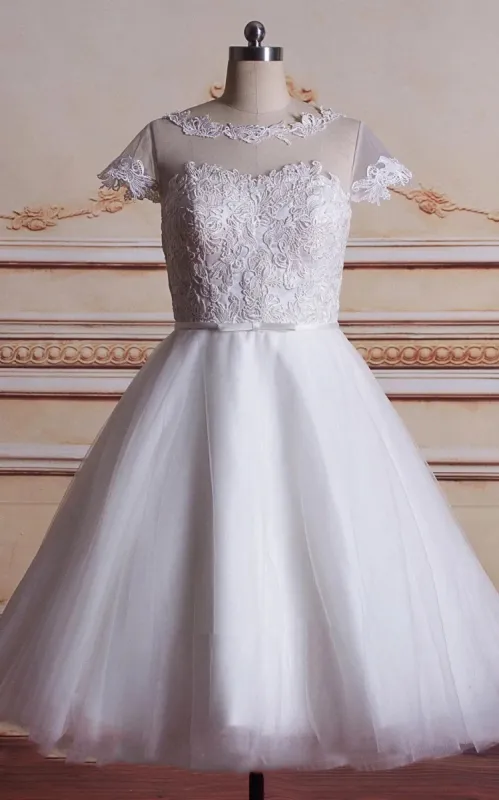 Camea | A-Line Tea-Length Tulle Lace Appliques Short Sleeves Wedding Dresses sold by KissProm