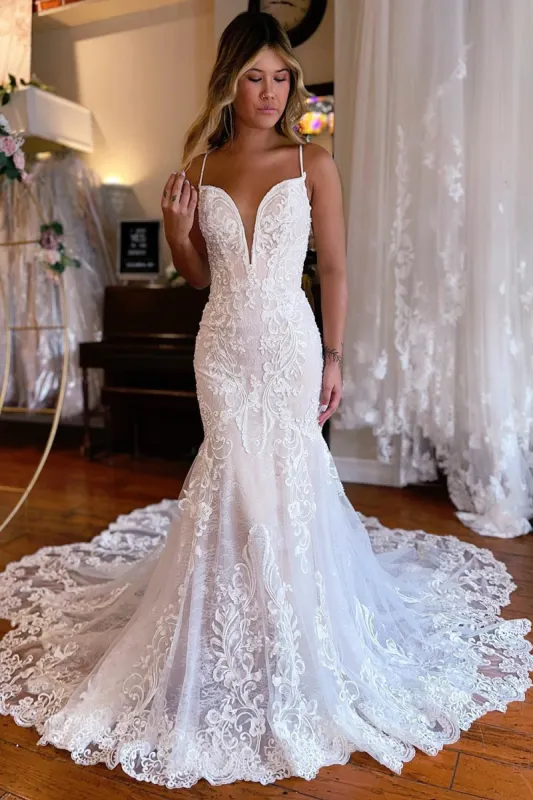 Aliza | Ivory Mermaid Spaghetti Straps Backless Long Lace Wedding Dress sold by KissProm