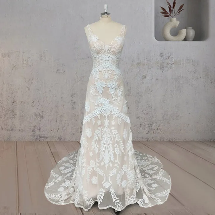 Mermaid Lace V Neck Appliques Wedding Dress sold by KissProm