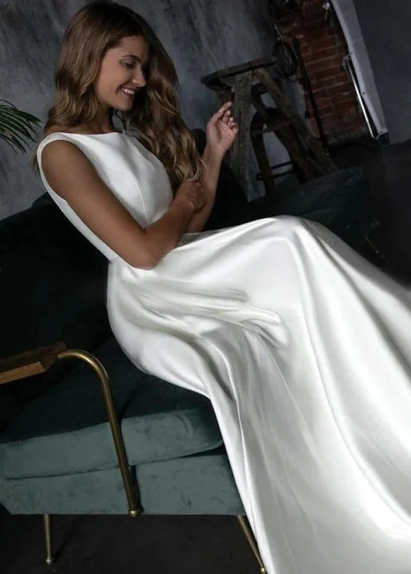 Medison | Pure White Satin Sleeveless Bridal Dresses with Pockets sold by KissProm product image thumbnail 2