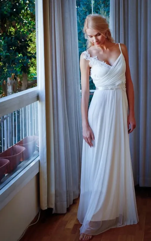 Chiffon Sleeveless Lace Appliques Backless Wedding Dress with Sash sold by KissProm