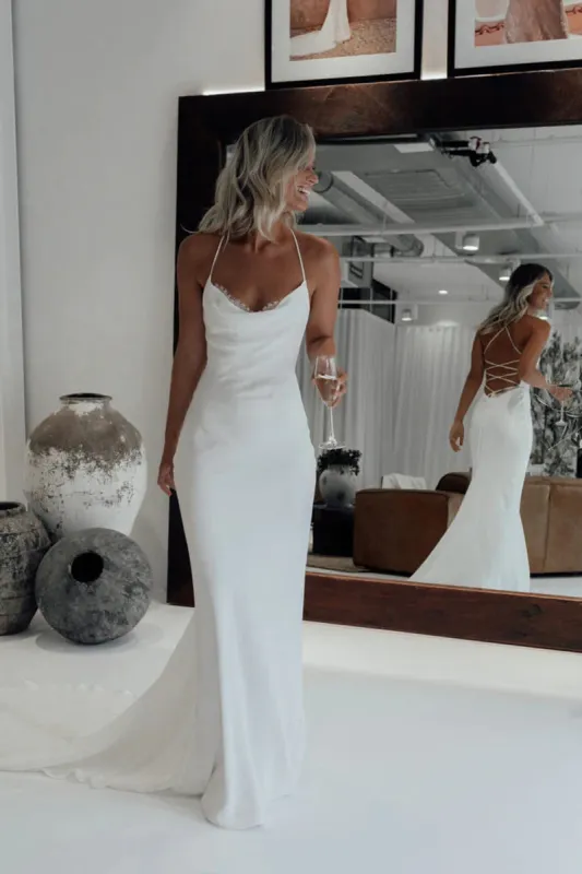 Cordelia | Mermaid Satin White Spaghetti-Straps Wedding Dresses With Lace-Up Back sold by KissProm