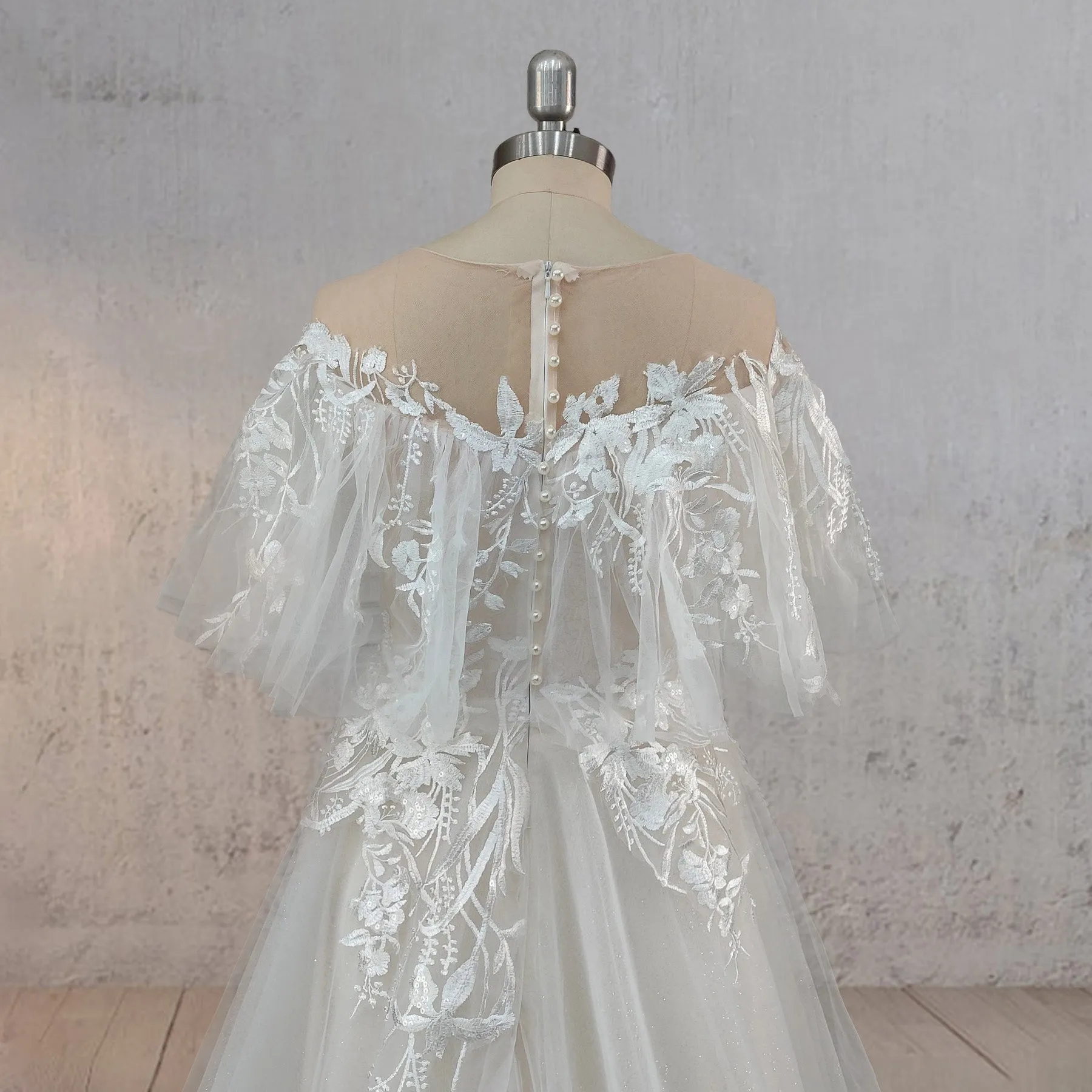 A-Line Lace Button Covered Back Tulle Wedding Dress sold by KissProm product image thumbnail 5