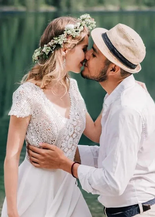 Bohemian Wedding Dresses Lace Short Sleeve Chiffon Bridal Gowns sold by KissProm product image thumbnail 5