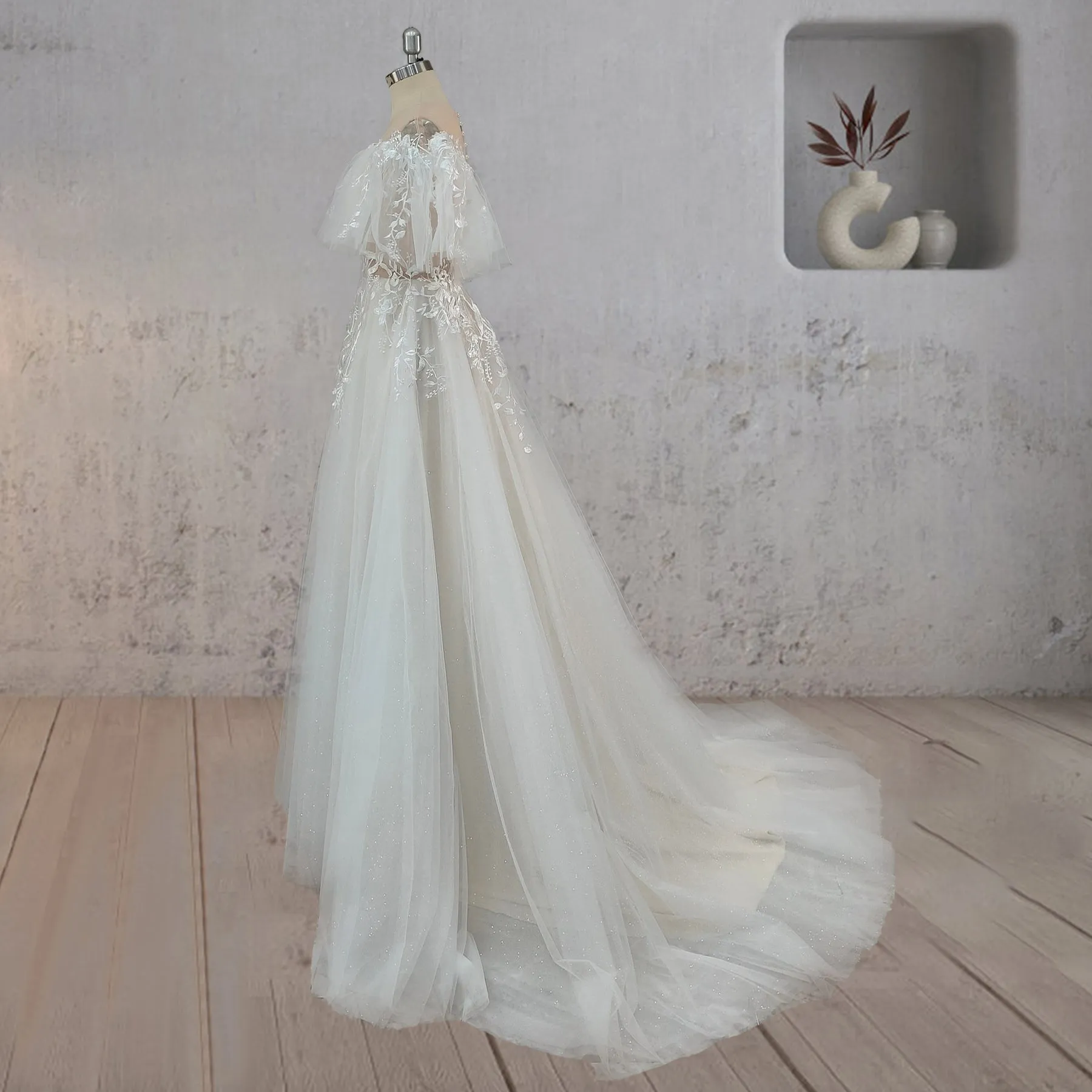A-Line Lace Button Covered Back Tulle Wedding Dress sold by KissProm product image thumbnail 3