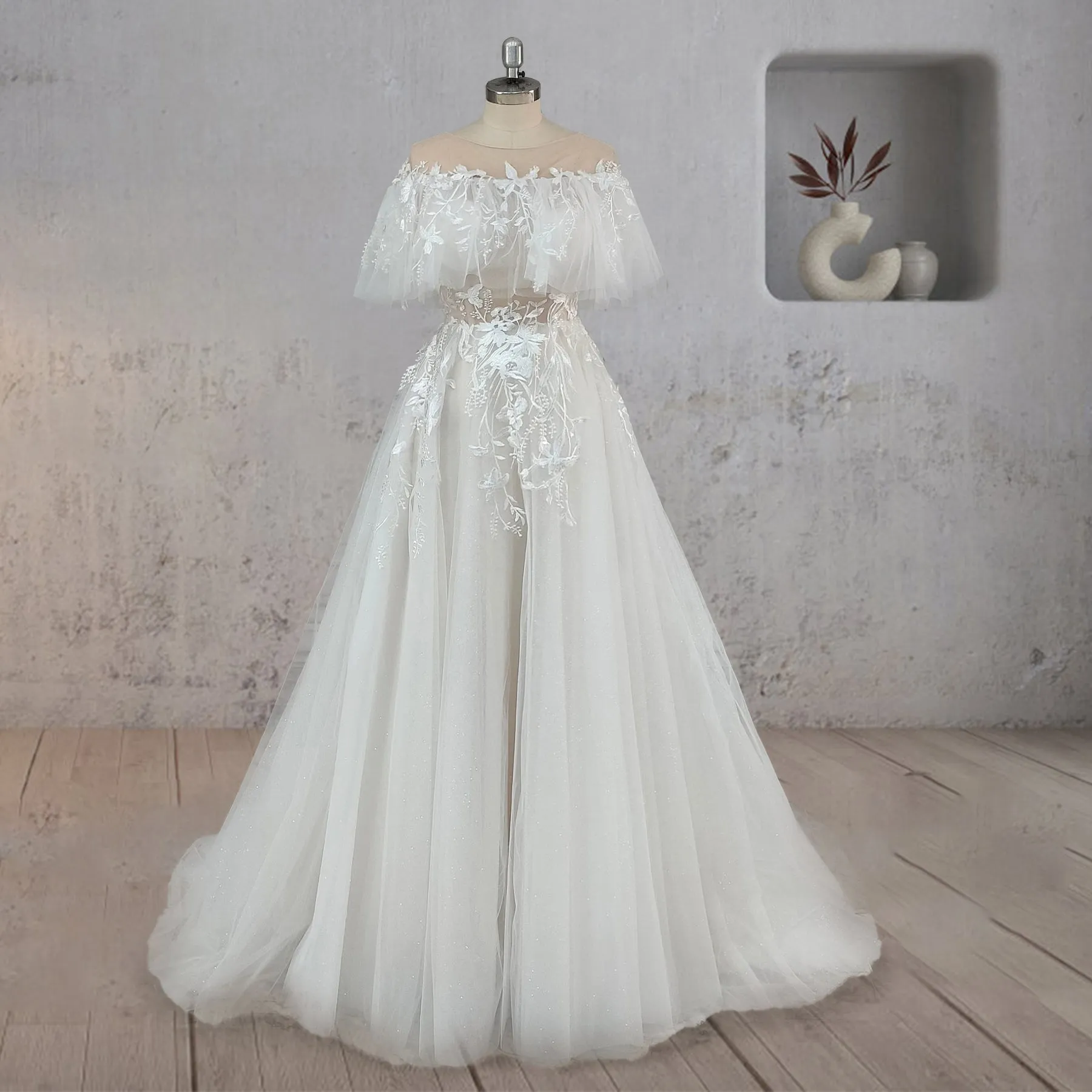 A-Line Lace Button Covered Back Tulle Wedding Dress sold by KissProm