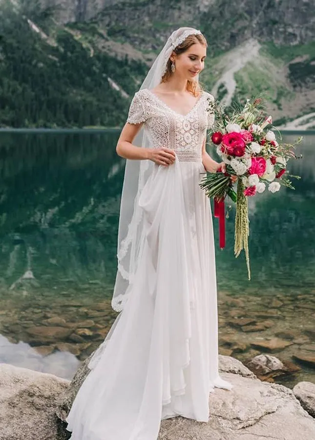 Bohemian Wedding Dresses Lace Short Sleeve Chiffon Bridal Gowns sold by KissProm product image thumbnail 2