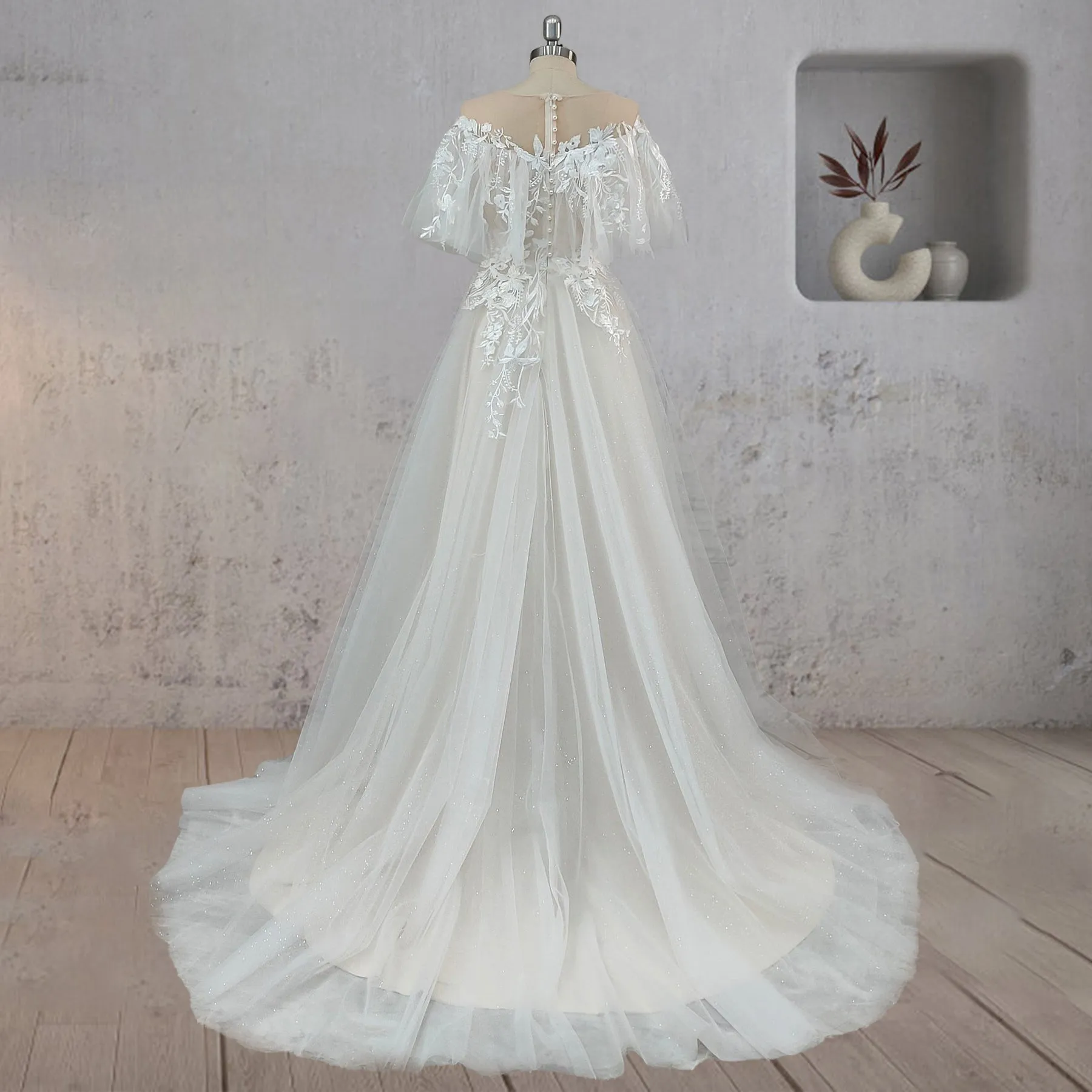 A-Line Lace Button Covered Back Tulle Wedding Dress sold by KissProm product image thumbnail 2