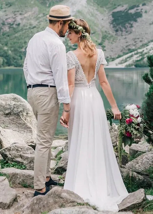 Bohemian Wedding Dresses Lace Short Sleeve Chiffon Bridal Gowns sold by KissProm product image thumbnail 4