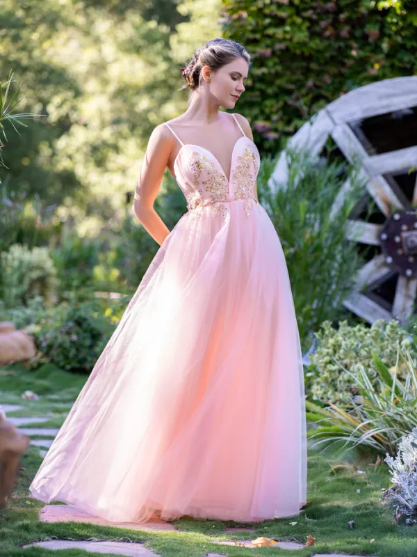 A-line Deep V Neckline Applique Tulle Prom Dress sold by KissProm