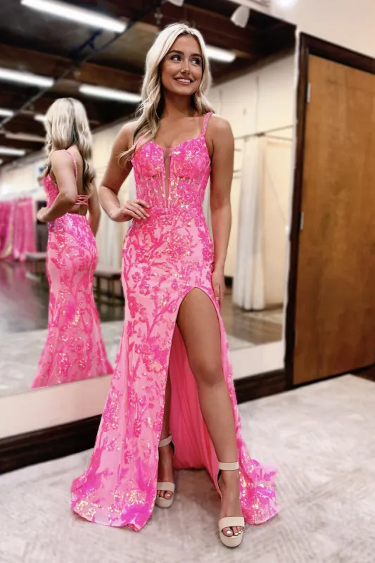Pink Sweetheart Sequins Lace Mermaid Prom Dresses with Slit sold by KissProm