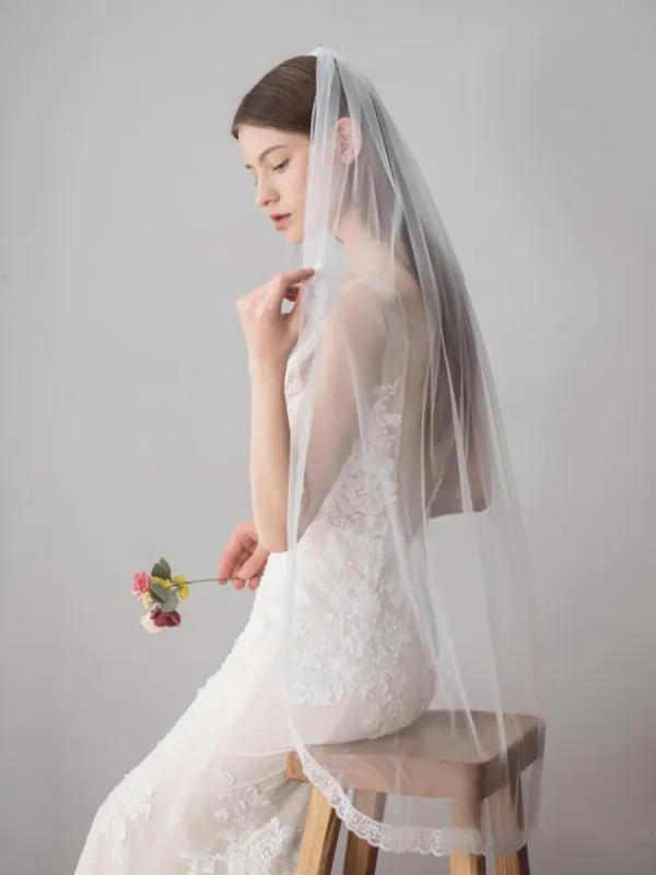 Ivory Tulle Wedding Veils One Layer Bridal Veil with Lace Hem sold by KissProm