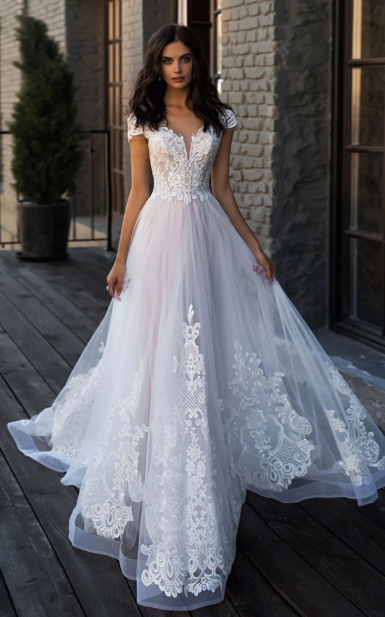 Ethereal Lace and Tulle V-neck A Line Chapel Train Wedding Dress with Appliques sold by KissProm