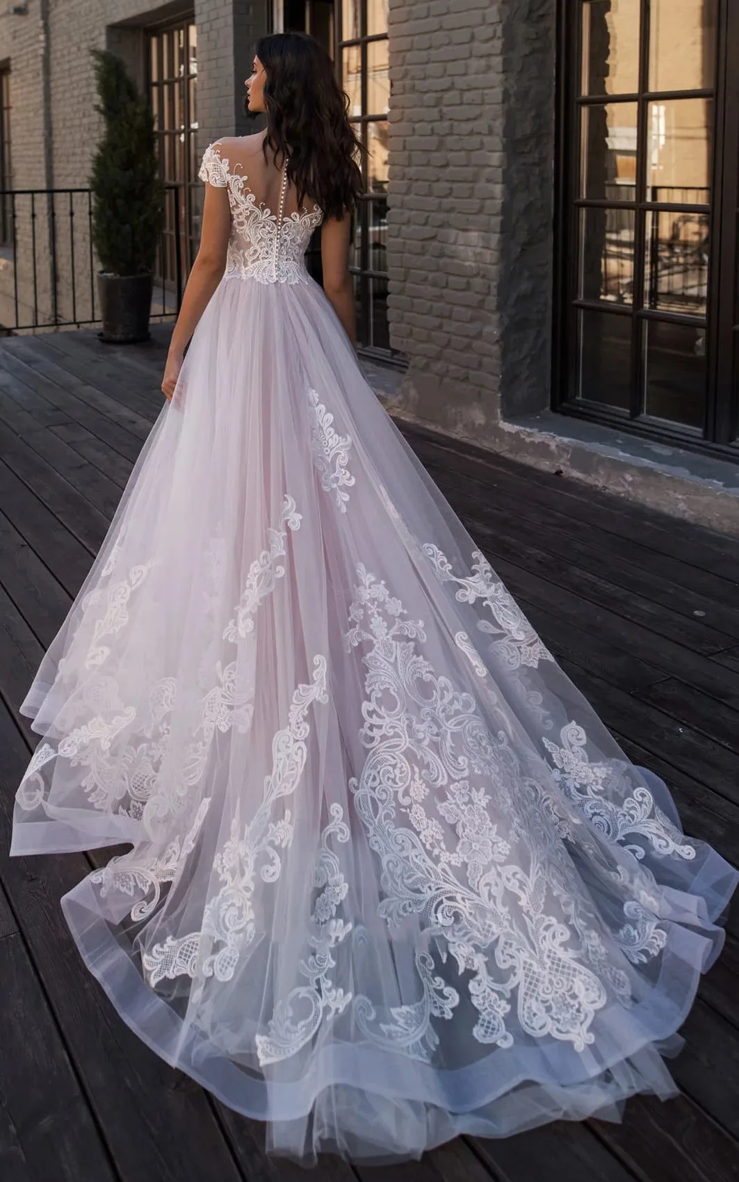 Ethereal Lace and Tulle V-neck A Line Chapel Train Wedding Dress with Appliques sold by KissProm product image thumbnail 2