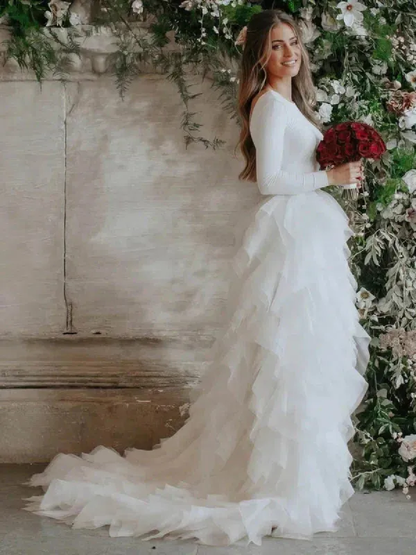 A-Line Tulle Ruffles Bateau Long Sleeves Court Train Wedding Dresses sold by KissProm