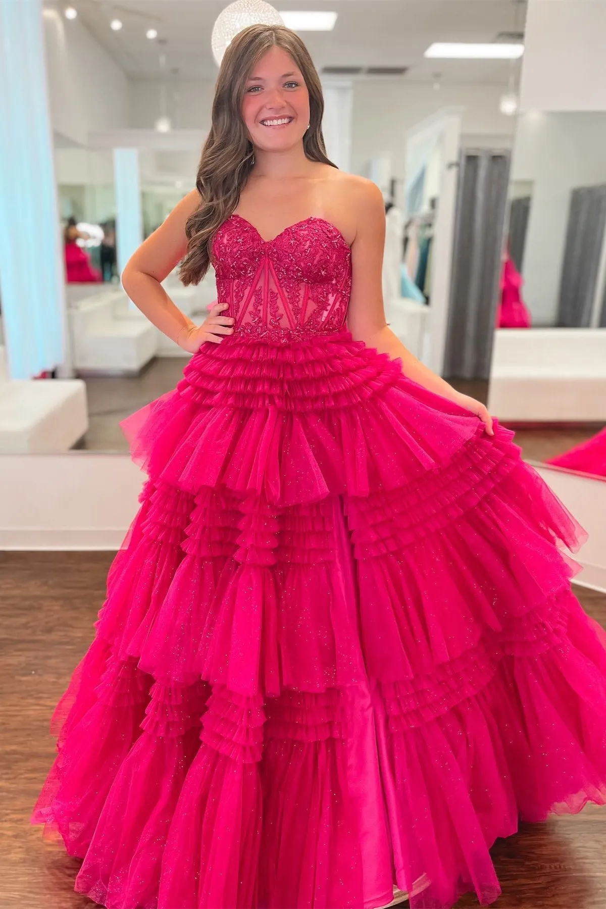 Adelyn |Fuchsia A-Line Sweetheart Tiered Tulle Prom Dress sold by KissProm product image thumbnail 2