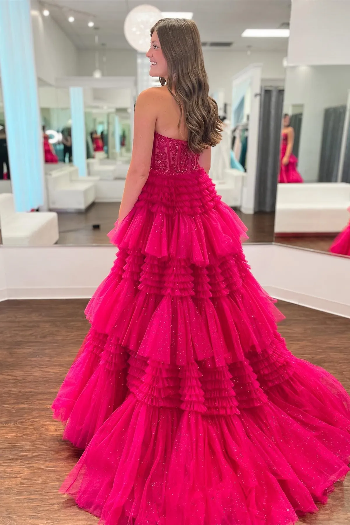 Adelyn |Fuchsia A-Line Sweetheart Tiered Tulle Prom Dress sold by KissProm product image thumbnail 3