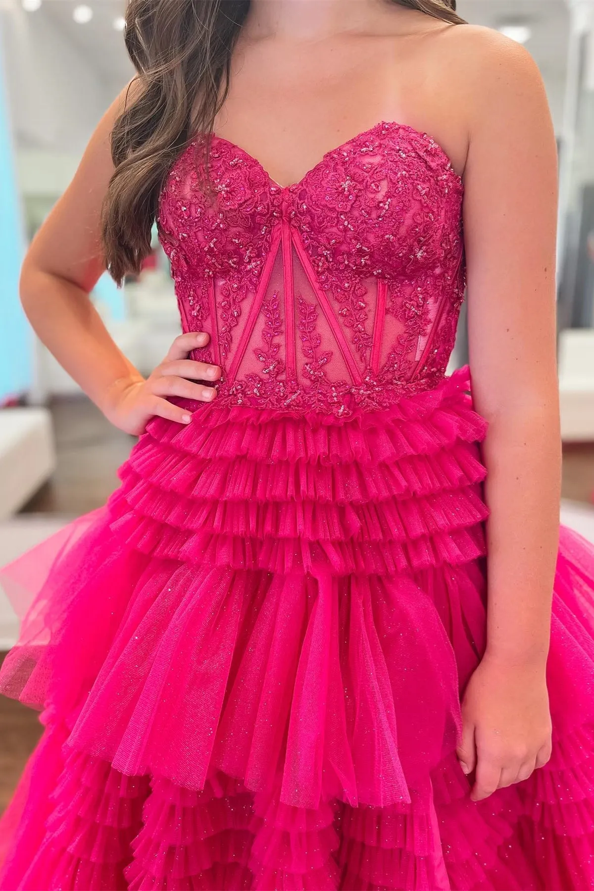 Adelyn |Fuchsia A-Line Sweetheart Tiered Tulle Prom Dress sold by KissProm product image thumbnail 4