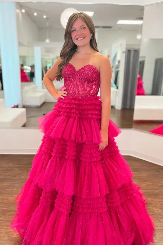 Adelyn |Fuchsia A-Line Sweetheart Tiered Tulle Prom Dress sold by KissProm