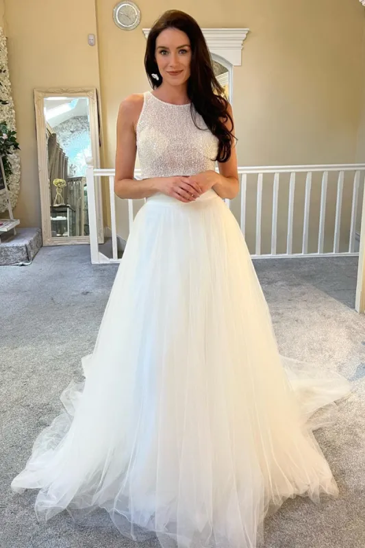 A-Line Two-Piece White Beaded A-Line Long Wedding Dress sold by KissProm
