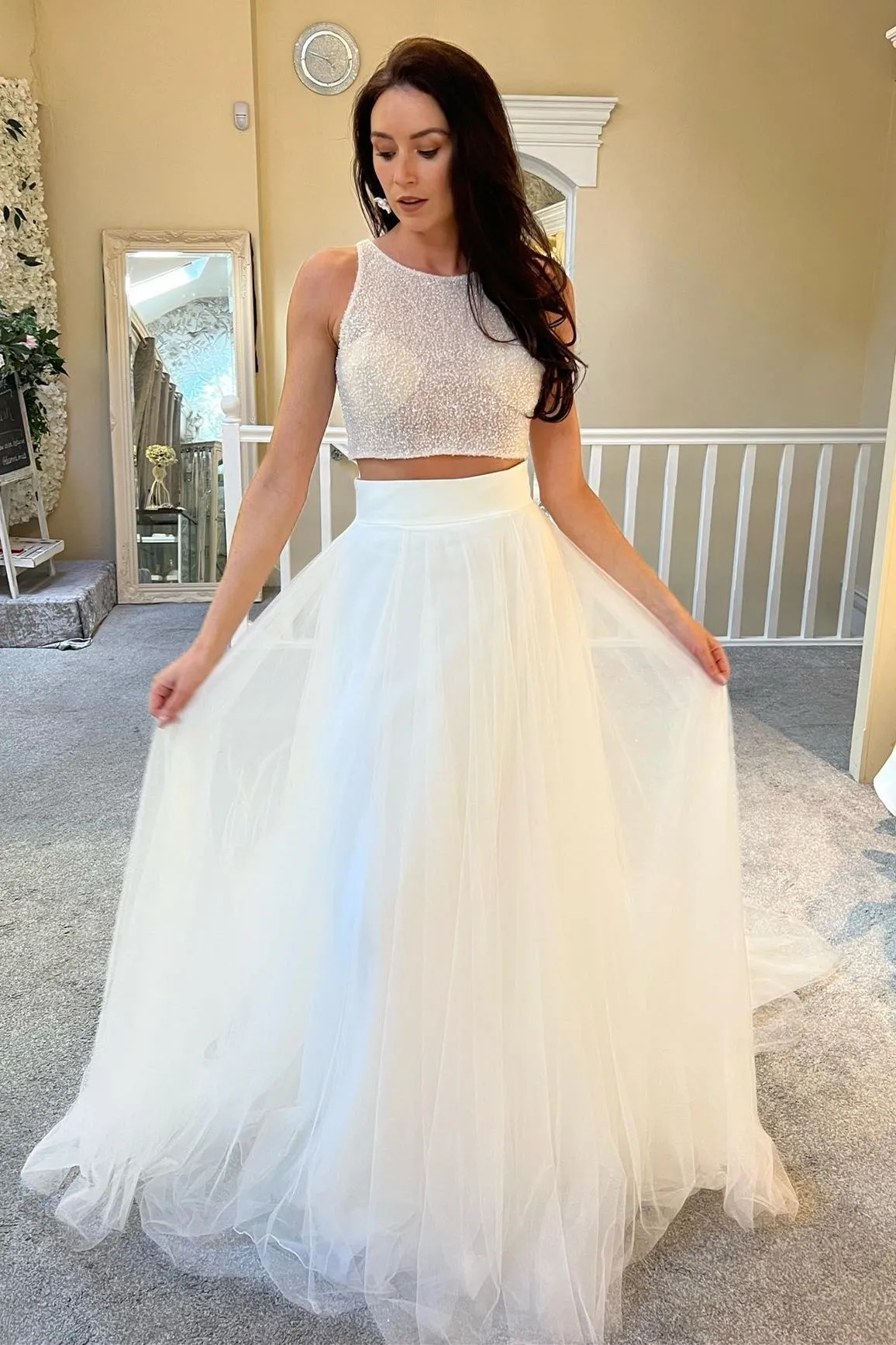 A-Line Two-Piece White Beaded A-Line Long Wedding Dress sold by KissProm product image thumbnail 2