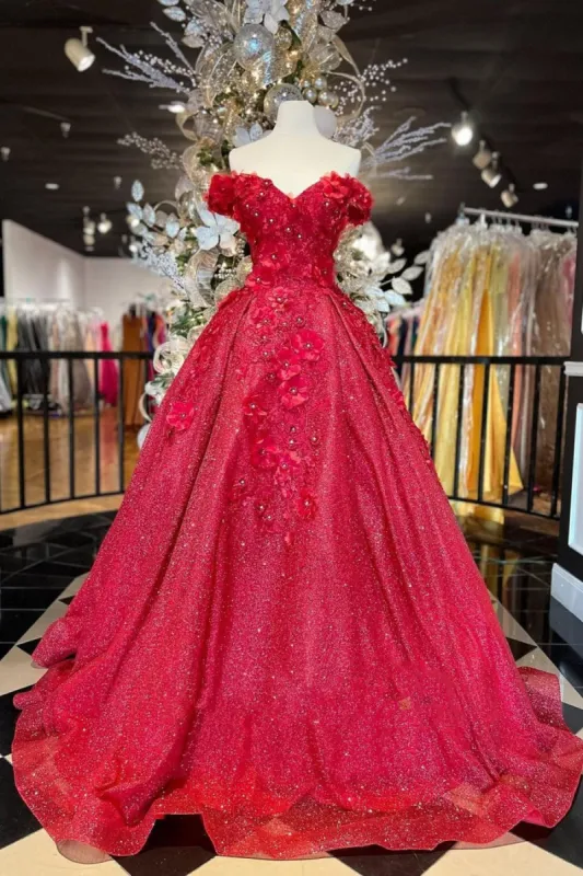 Chic Ball Gown V Neck Beads Appliques Red Off-the-Shoulder Long Quinceanera Dresses sold by KissProm