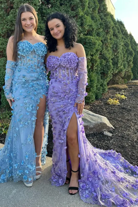 Dayana | 3D Floral Lace Strapless Long Prom Dress with Detachable Sleeves sold by KissProm