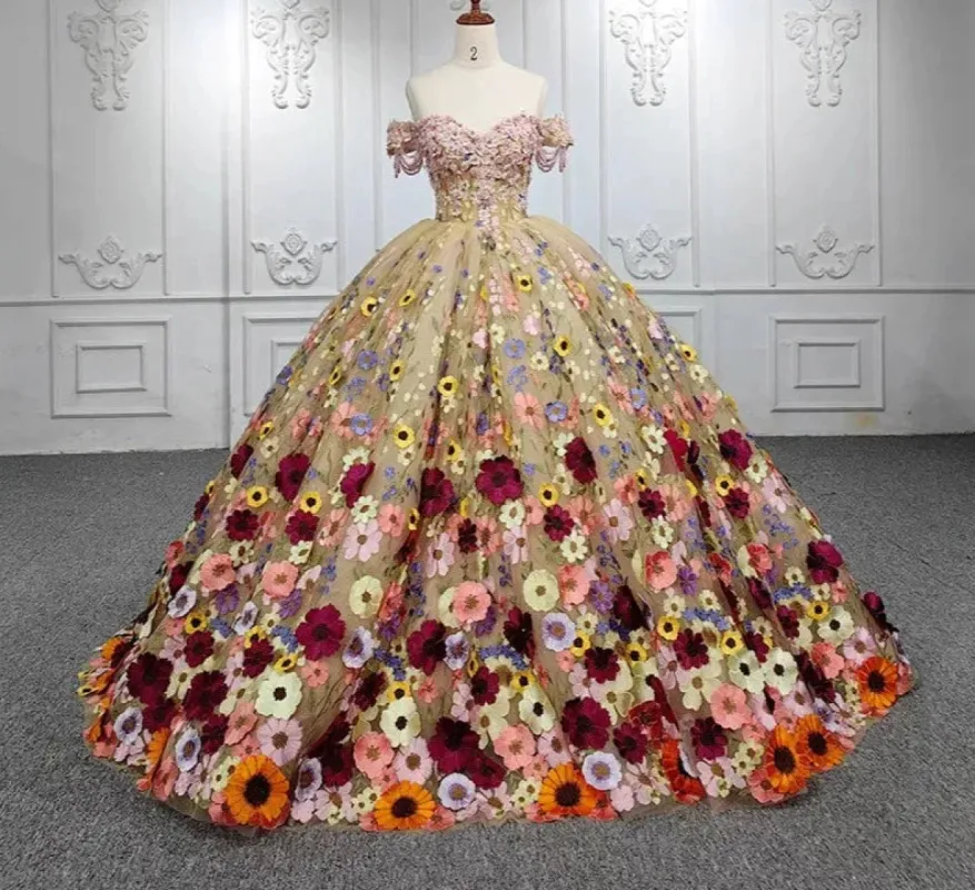 Quinceanera Flower  Off-the-Shoulder Ball Gown Dress sold by KissProm