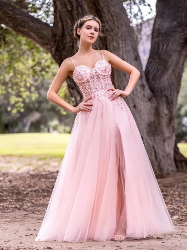 A line Spaghetti Straps Lace Floor Length Tulle Prom Dress with Slit sold by KissProm
