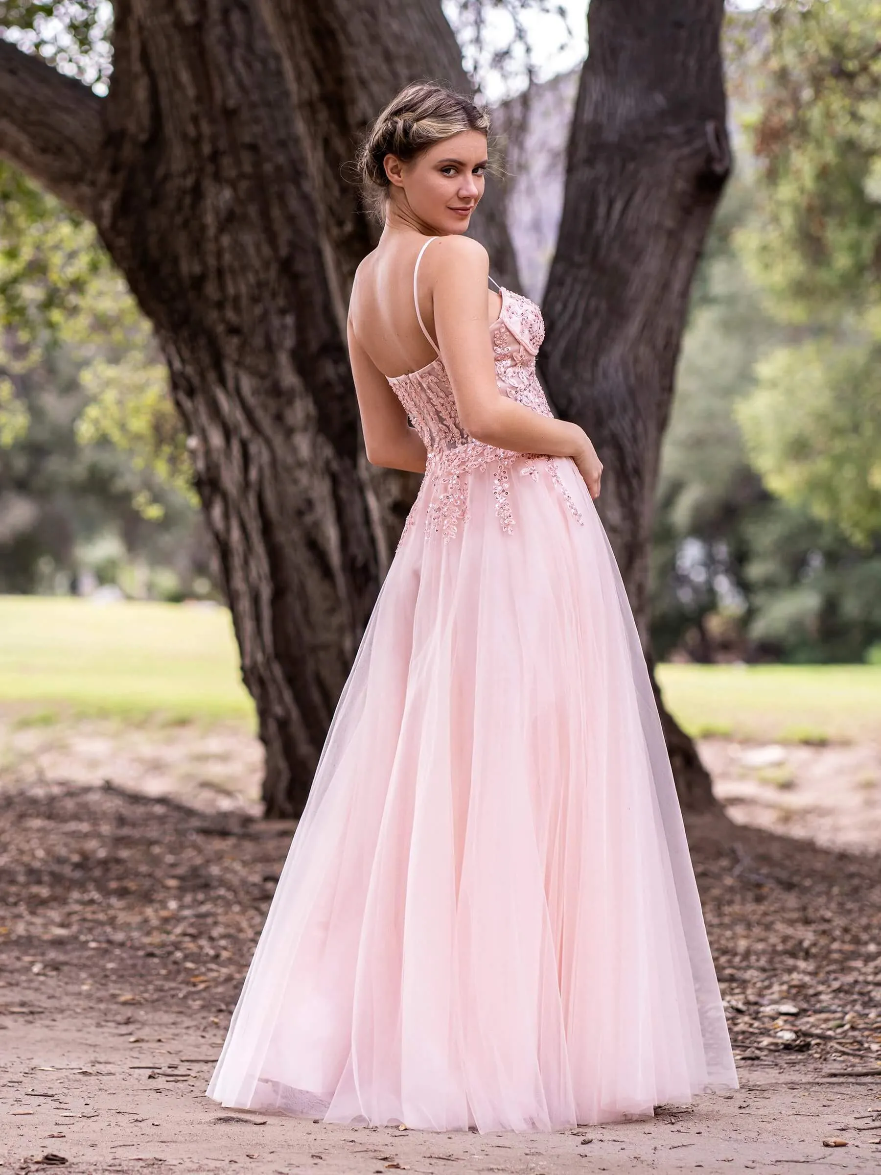 A line Spaghetti Straps Lace Floor Length Tulle Prom Dress with Slit sold by KissProm product image thumbnail 2