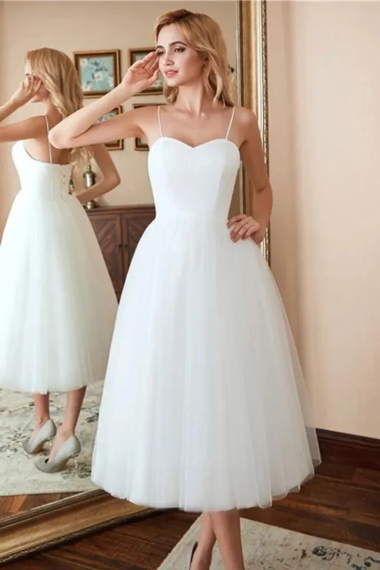 A-Line Spaghetti Straps White Satin Tulle Tea-Length Wedding Dresses sold by KissProm