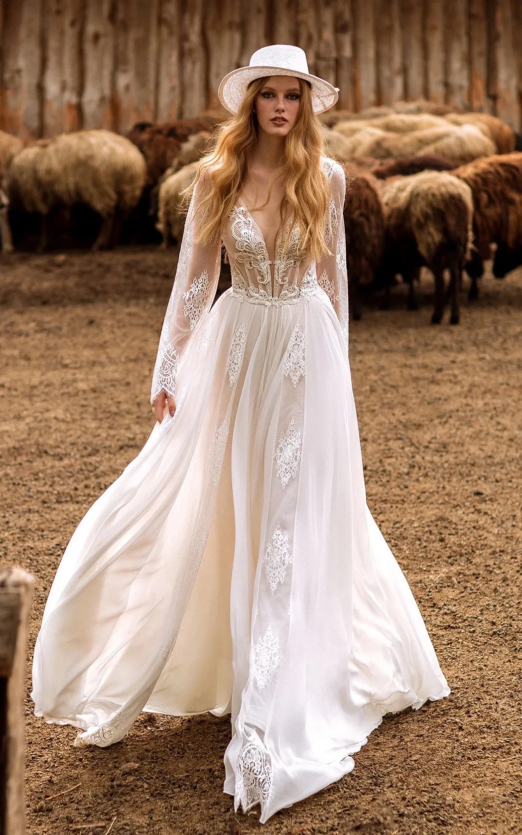 Calista | A-Line Boho Lace Wedding Dress with Sleeves Plunging Neckline Sweep Train sold by KissProm