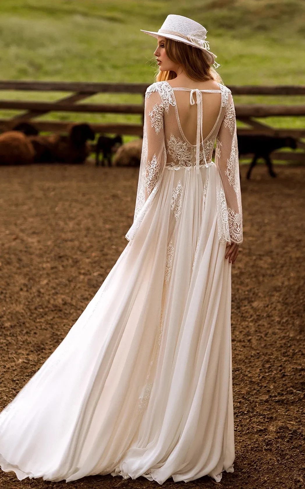 Calista | A-Line Boho Lace Wedding Dress with Sleeves Plunging Neckline Sweep Train sold by KissProm product image thumbnail 2
