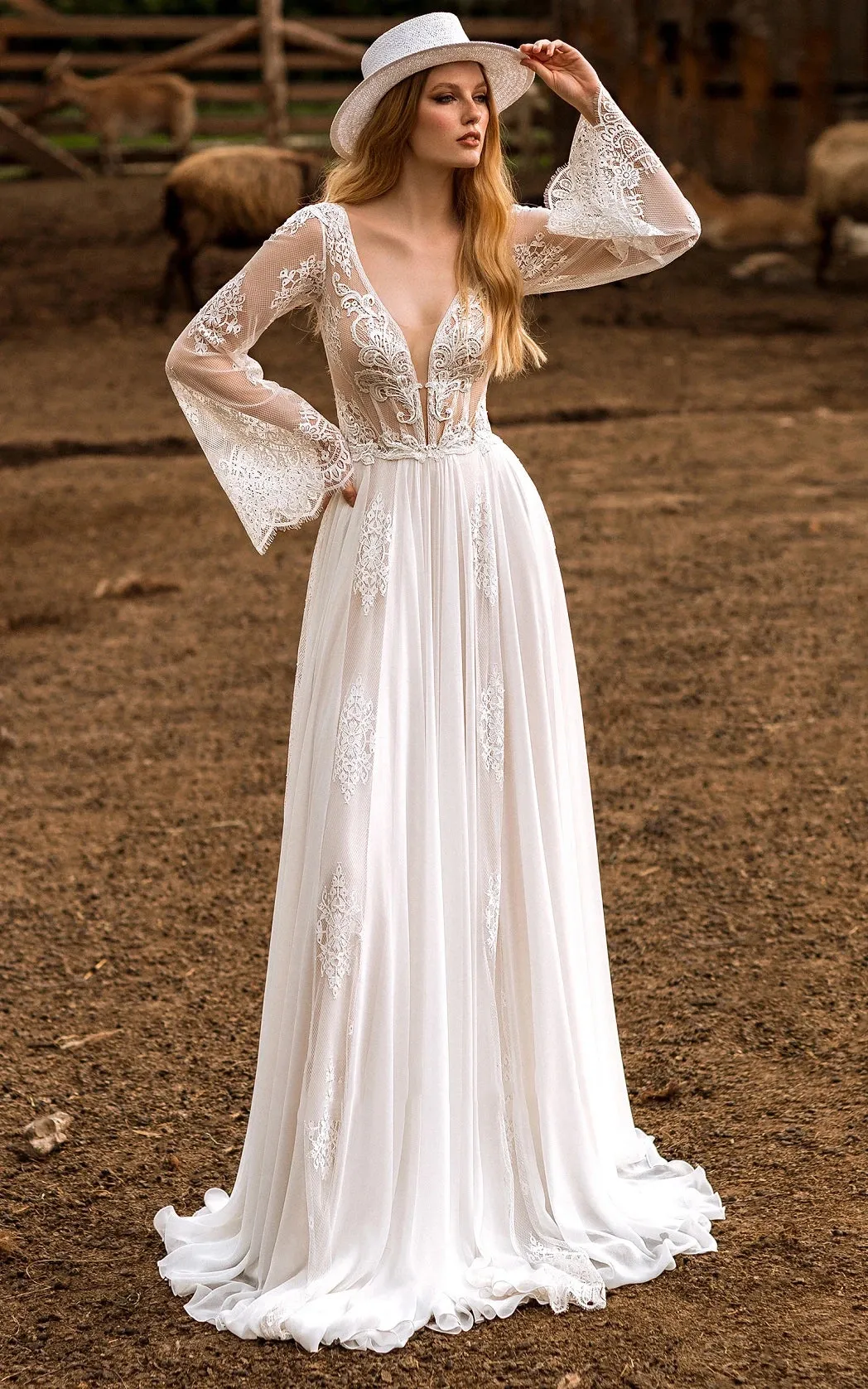 Calista | A-Line Boho Lace Wedding Dress with Sleeves Plunging Neckline Sweep Train sold by KissProm product image thumbnail 3