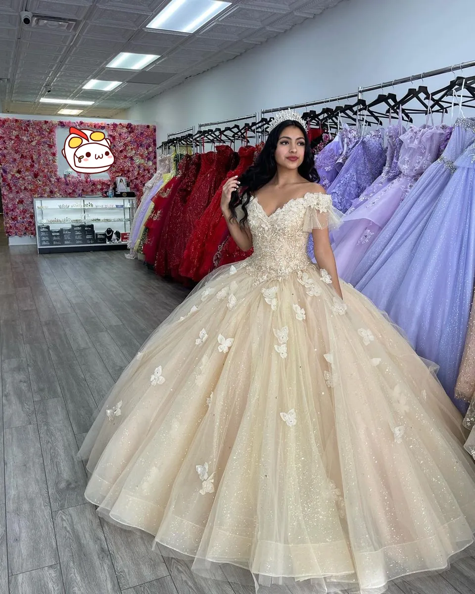 Off The Shoulder Butterfly Quinceanera Dress Glitter Ball Gown sold by KissProm
