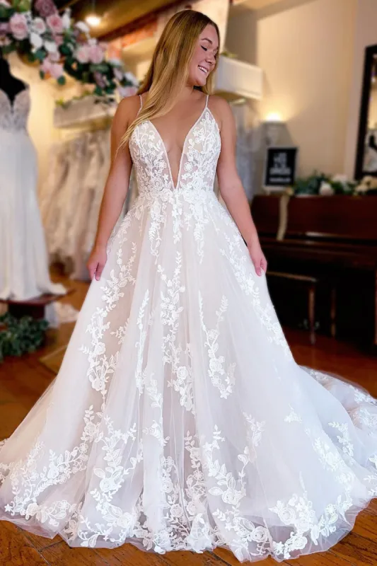 Sky | Ivory A-Line Spaghetti Straps Long Lace Wedding Dress sold by KissProm