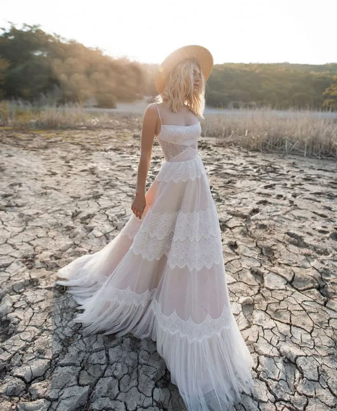 Giorgina | A Line Lace Spaghetti Straps Sleeveless Boho Wedding Dress sold by KissProm