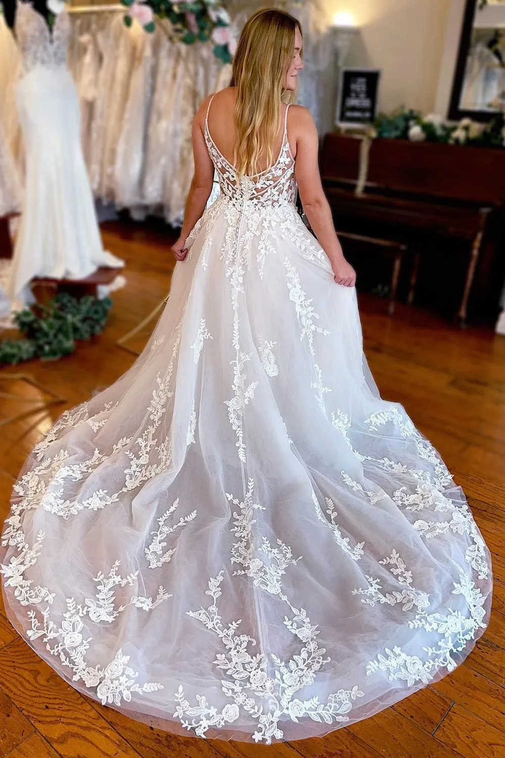 Sky | Ivory A-Line Spaghetti Straps Long Lace Wedding Dress sold by KissProm product image thumbnail 2