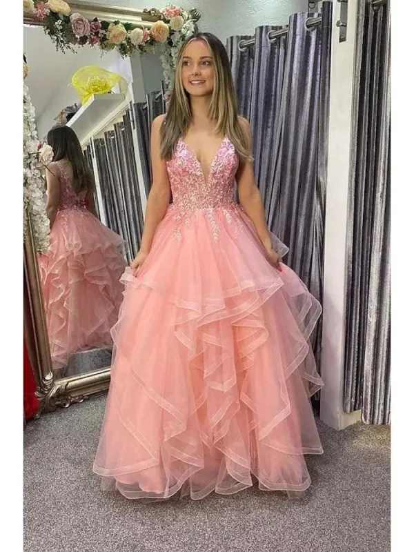 Nanalia | A-Line Prom Dresses Princess Dress Formal Floor Length Sleeveless V Neck Tulle Backless with Pleats Appliques sold by KissProm