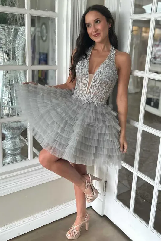 Halter Light Grey Lace Appliques Ruffle Short Homecoming Dress sold by KissProm