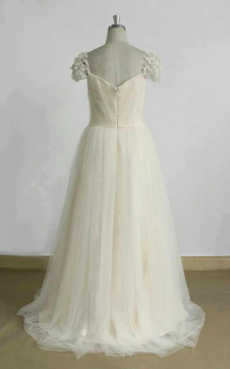 A-Line Cap Sleeve Sweetheart Tulle Sweep Train Long Wedding Dress sold by KissProm product image thumbnail 3